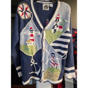 Cottagecore Storybook Knits Lighthouse Nautical Cardigan  Womens Medium